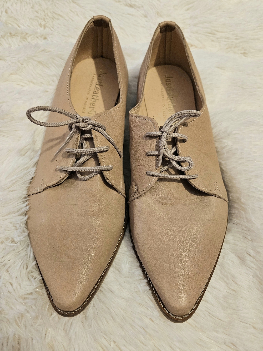 Pointed Lace-Up Flats in Nude by